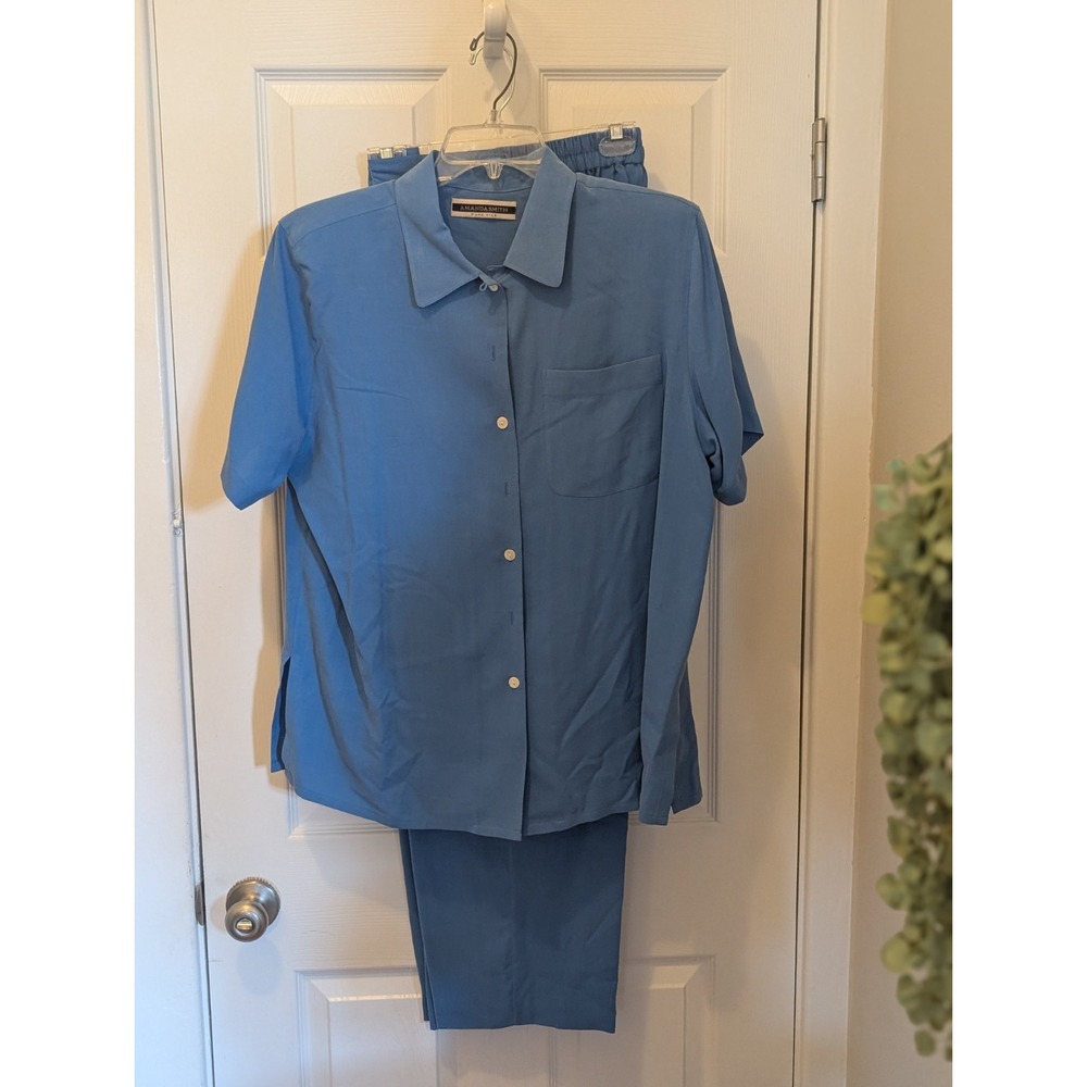 Amanda Smith 100% Silk Pant Set 2 Piece Blouse Trousers Blue L Excellent Vintage